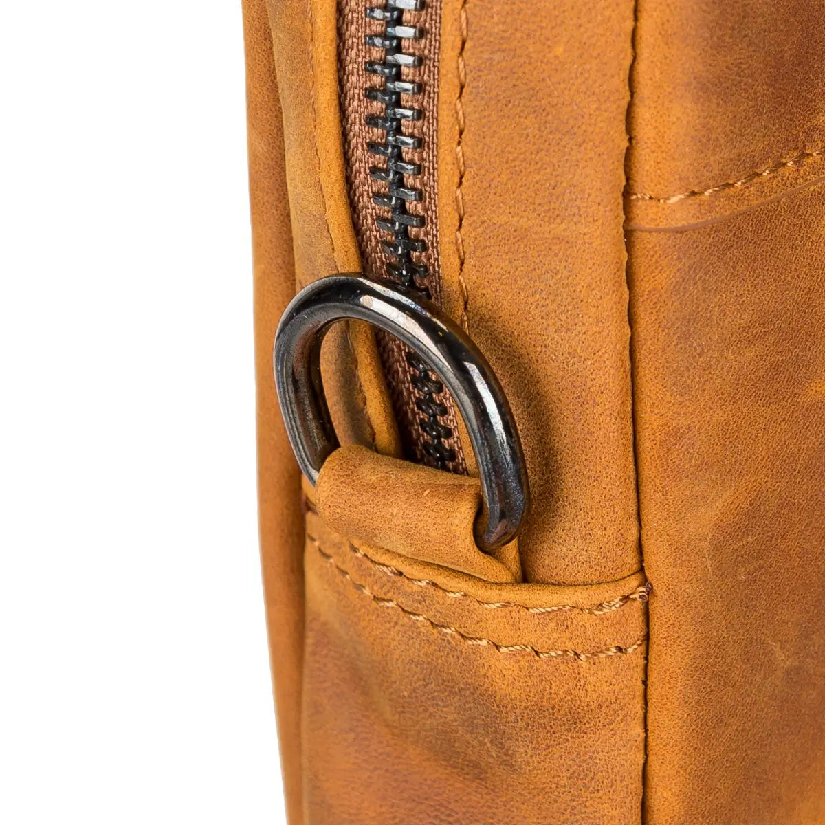 Close-up of a brown leather briefcase with a metal zipper pull on a white background