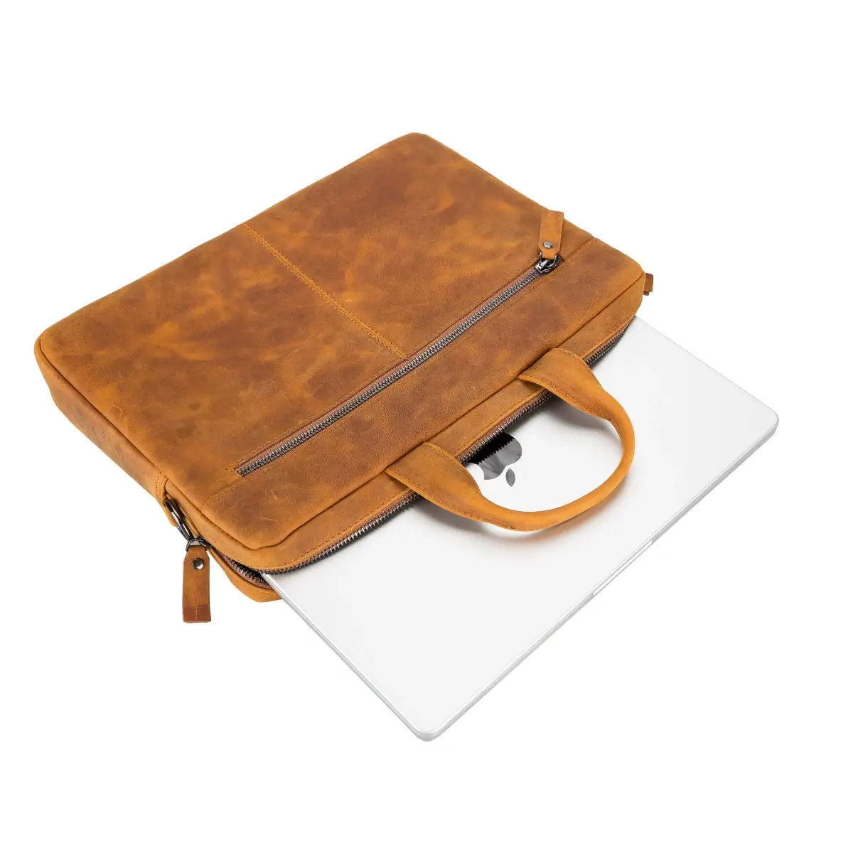 Brown leather briefcase with a laptop on a white background
