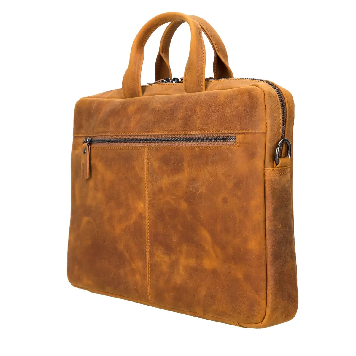 Camel Brown leather briefcase on a white background