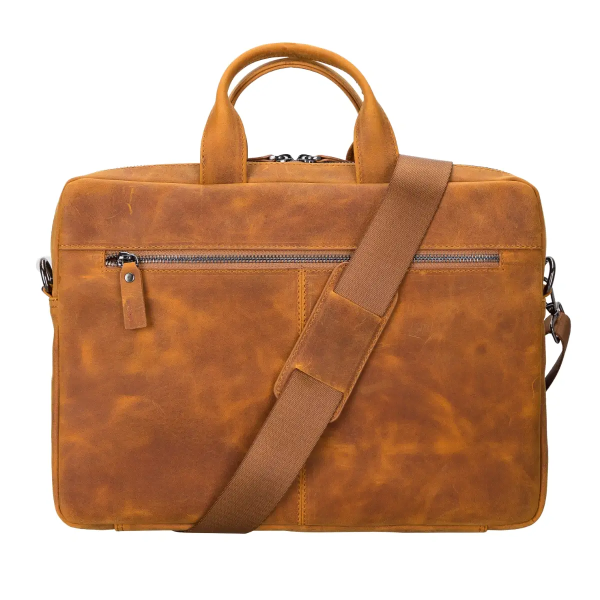 Brown leather briefcase with a shoulder strap on a white background