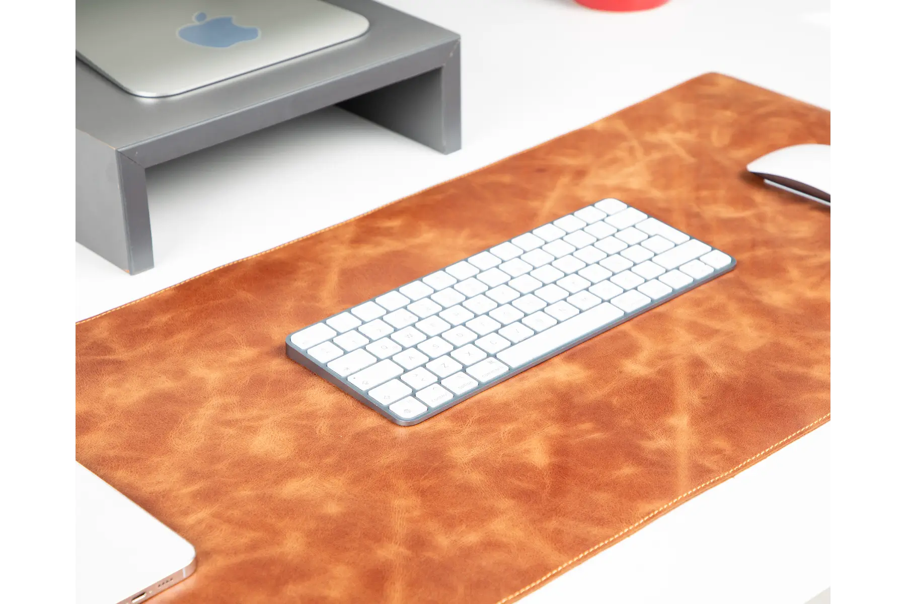 Camel brown leather desk mat detail close-up