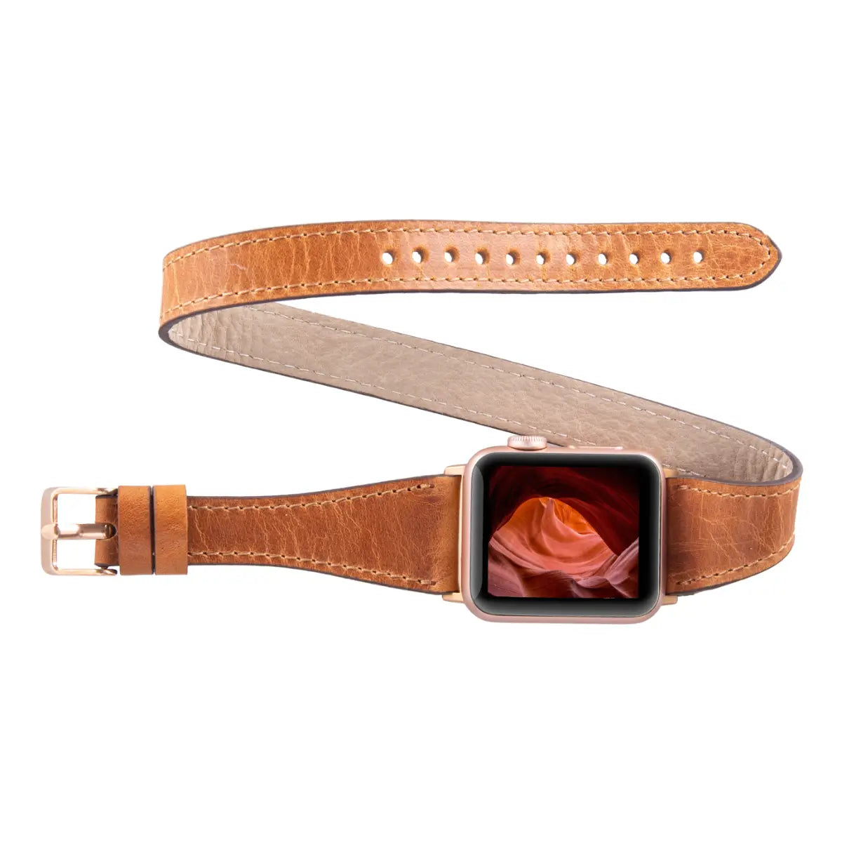 Camel Brown Leather Double Tour Slim Apple Watch Band