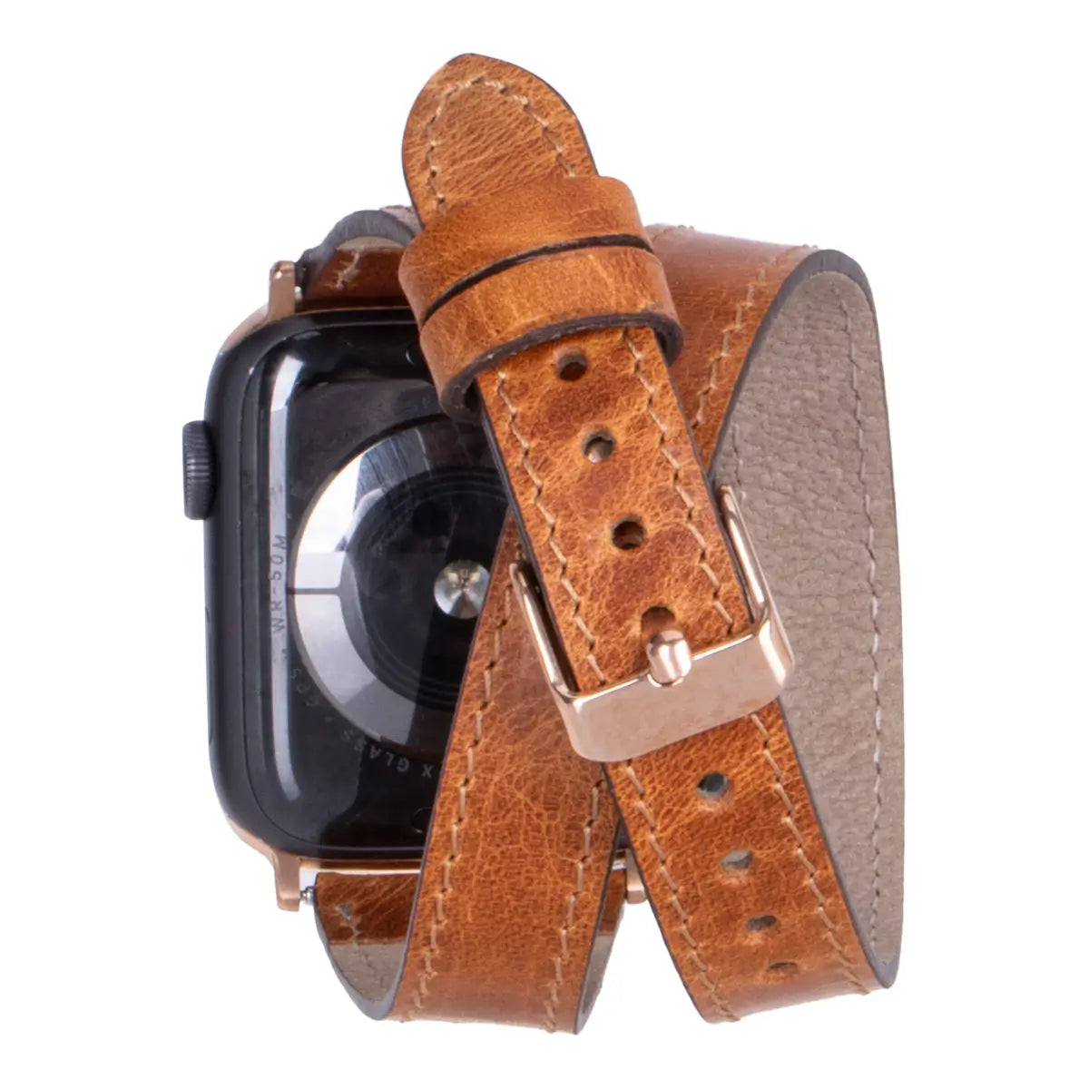 Camel Brown Leather Double Tour Slim Apple Watch Band Gold Rivet