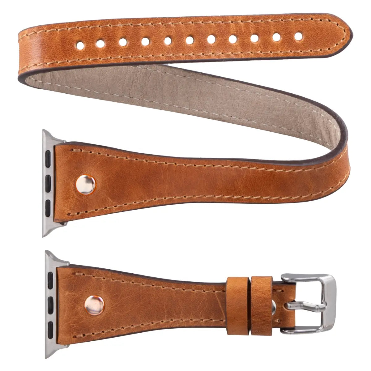 Camel Brown Leather Double Tour Slim Apple Watch Band Gold Rivet