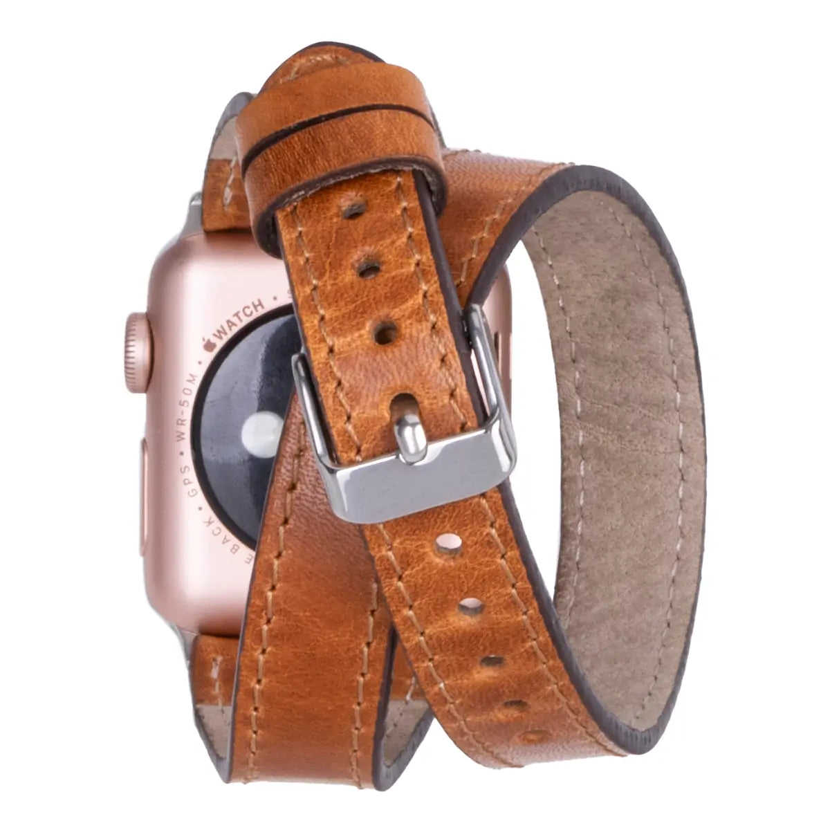 Camel Brown Leather Double Tour Slim Apple Watch Band Silver Rivet