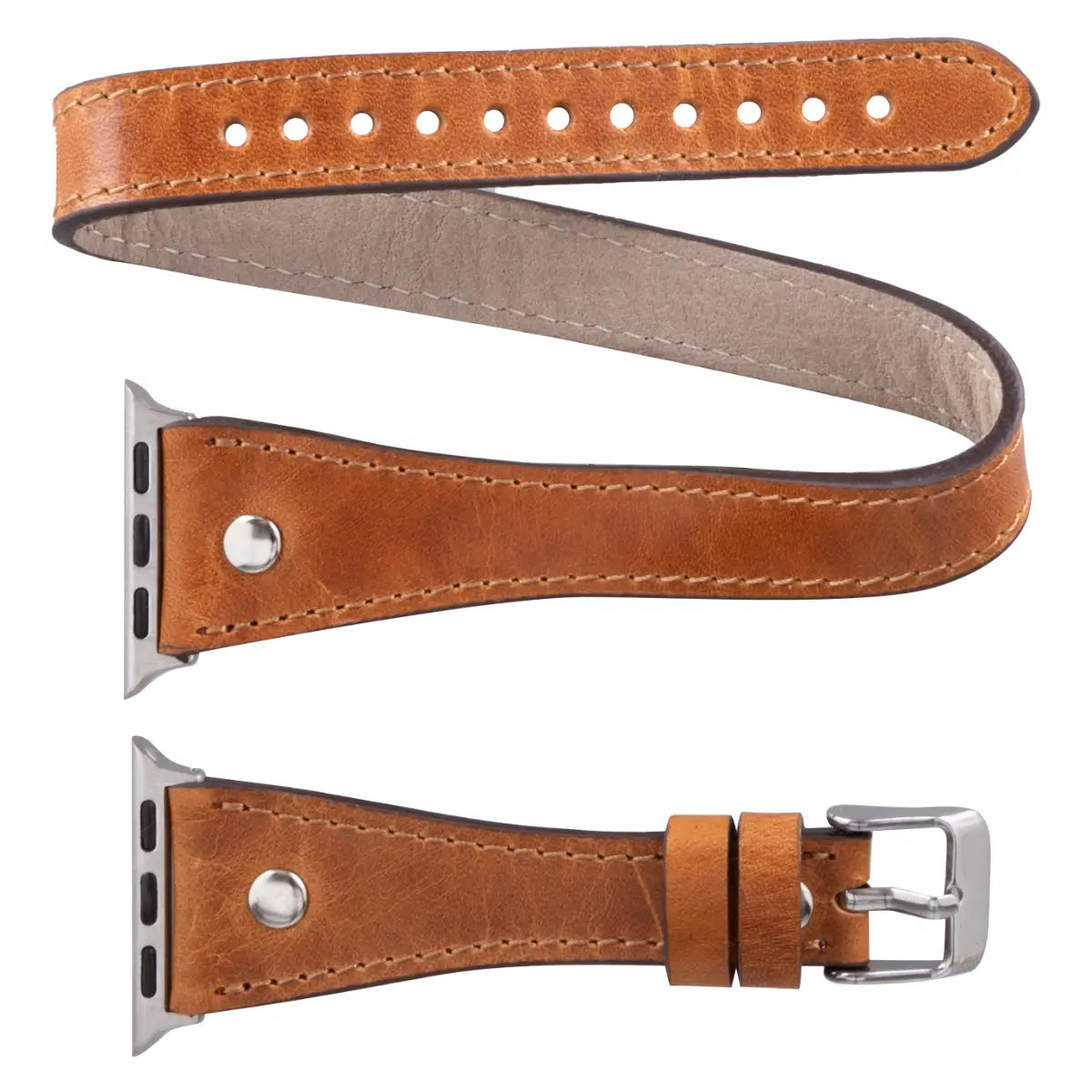 Camel Brown Leather Double Tour Slim Apple Watch Band Silver Rivet