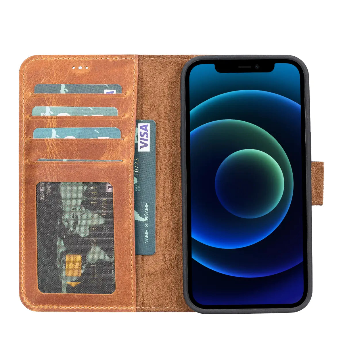 Camel Brown Leather Wallet Case for iPhone 13