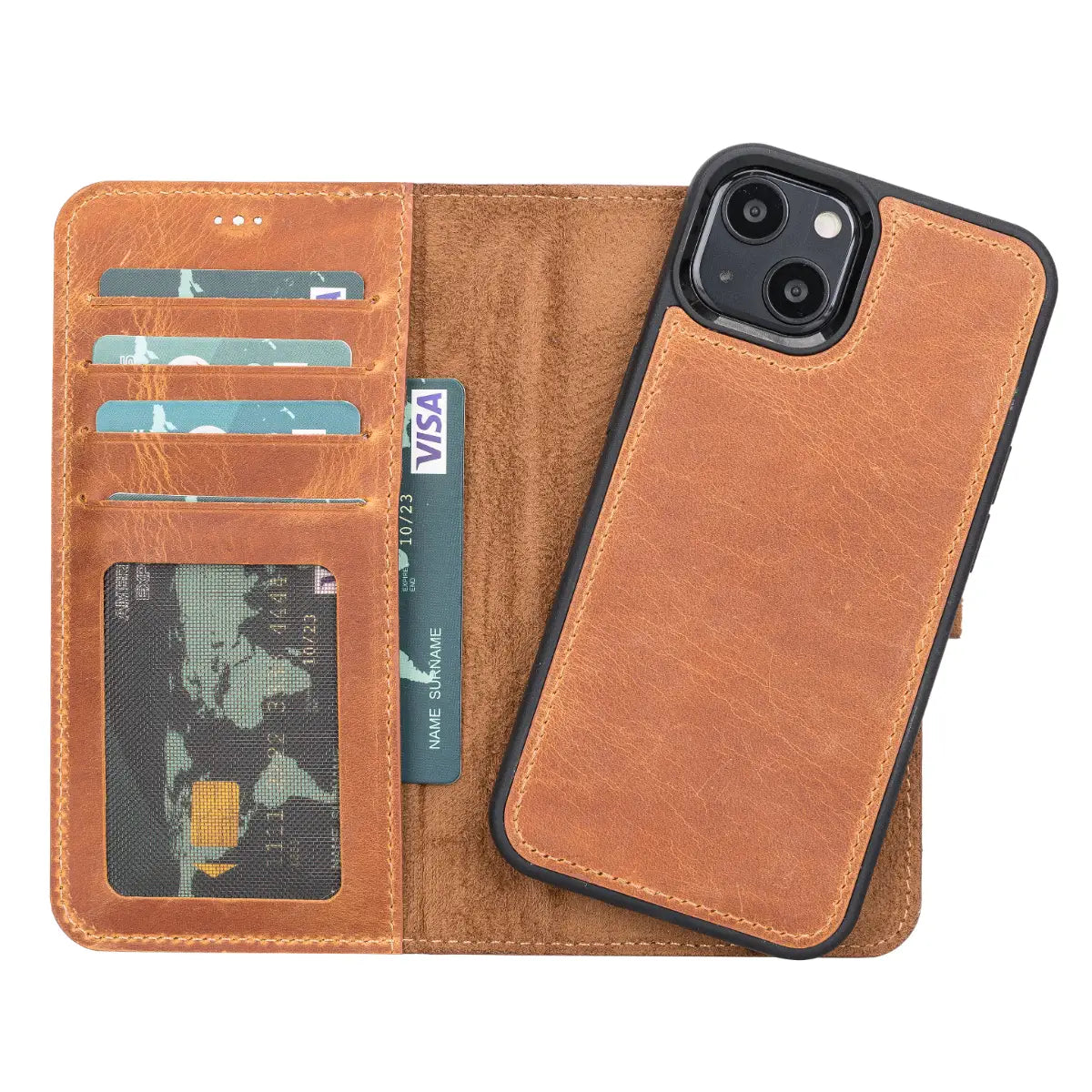 Camel Brown Leather Wallet Case for iPhone 13