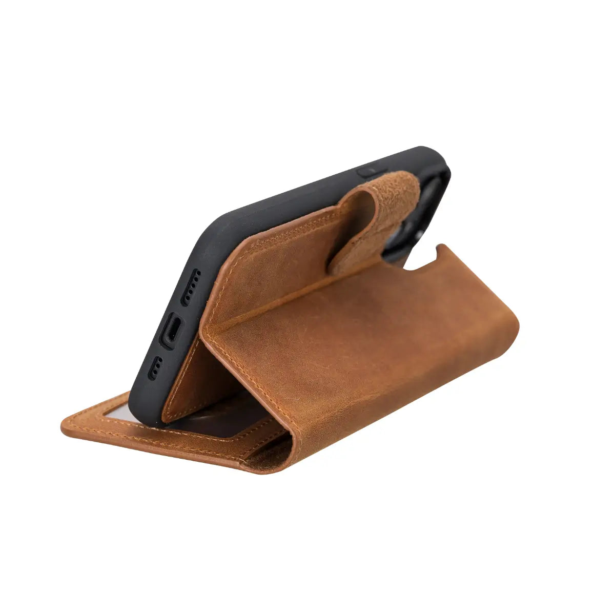 Camel Brown Leather Wallet Case for iPhone 14