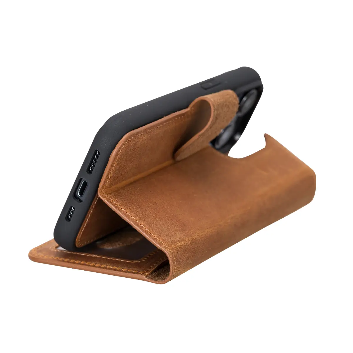 Camel Brown Leather Wallet Case for iPhone 14 Pro