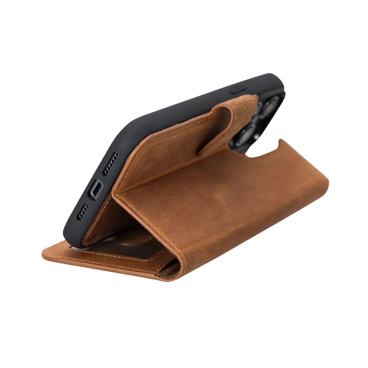 Camel Brown Leather Wallet Case for iPhone 14 Pro Max