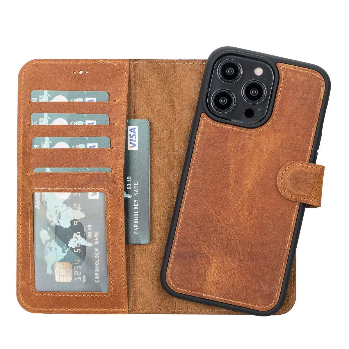 Camel Brown Leather Wallet Case for iPhone 14 Pro Max