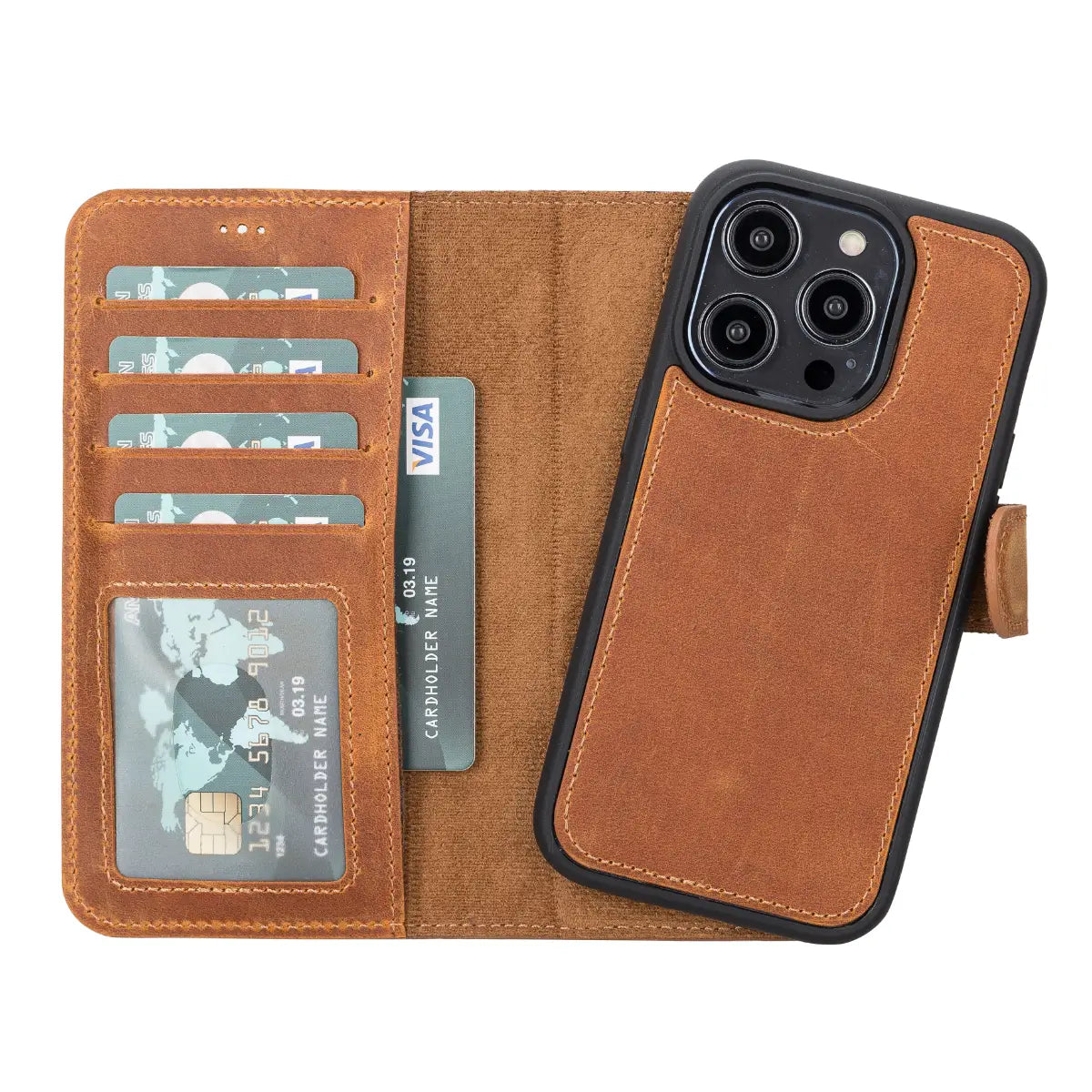 Camel Brown Leather Wallet Case for iPhone 14 Pro