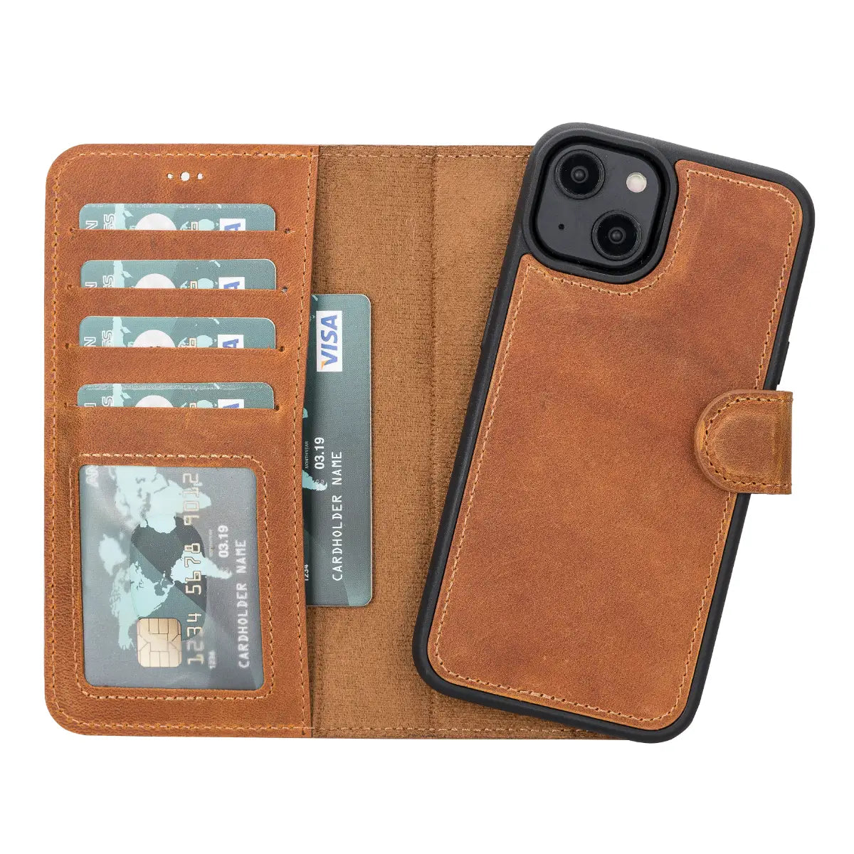 Camel Brown Leather Wallet Case for iPhone 14