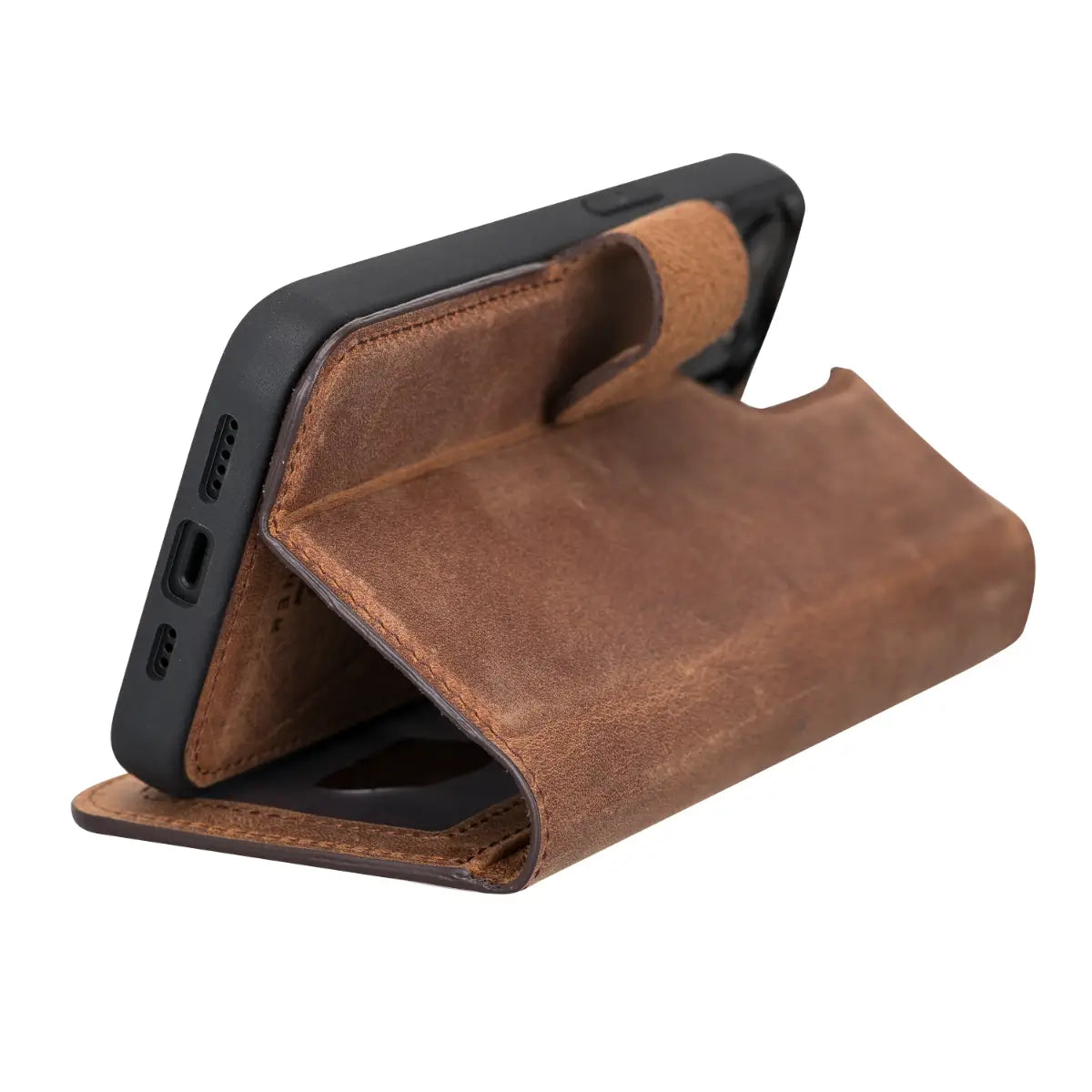 Distressed Brown Leather Wallet Case for iPhone 13