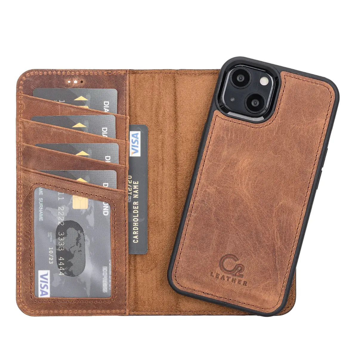 Distressed Brown Leather Wallet Case for iPhone 13