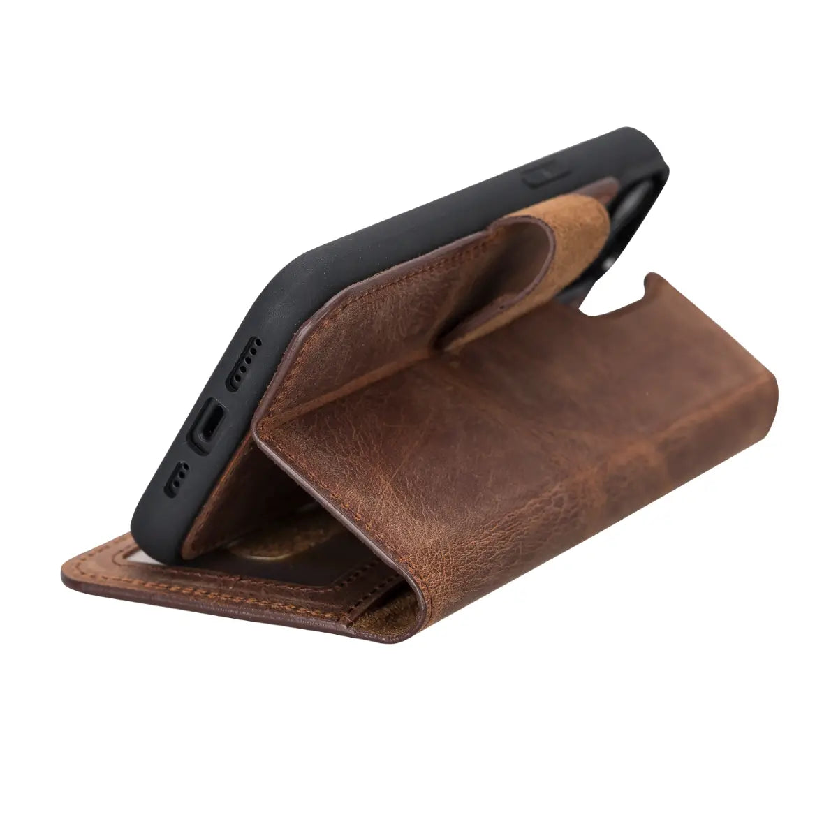 Distressed Brown Leather Wallet Case for iPhone 14