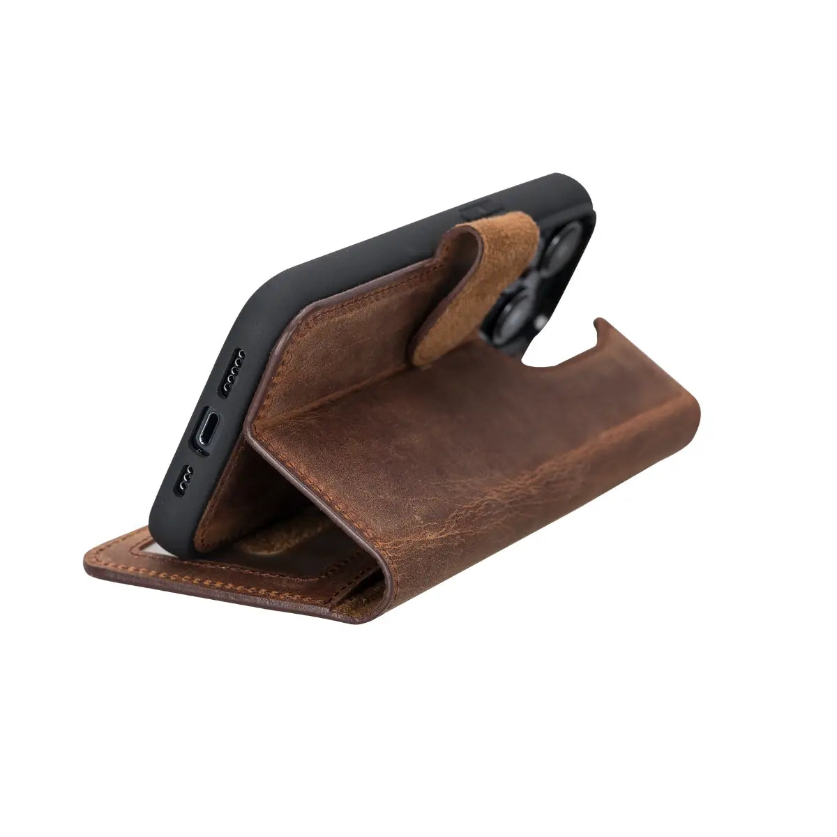 Distressed Brown Leather Wallet Case for iPhone 14 Pro