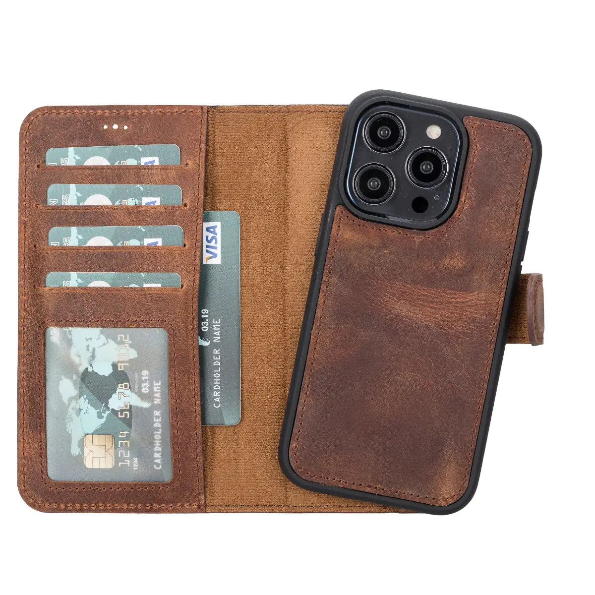 Distressed Brown Leather Wallet Case for iPhone 14 Pro