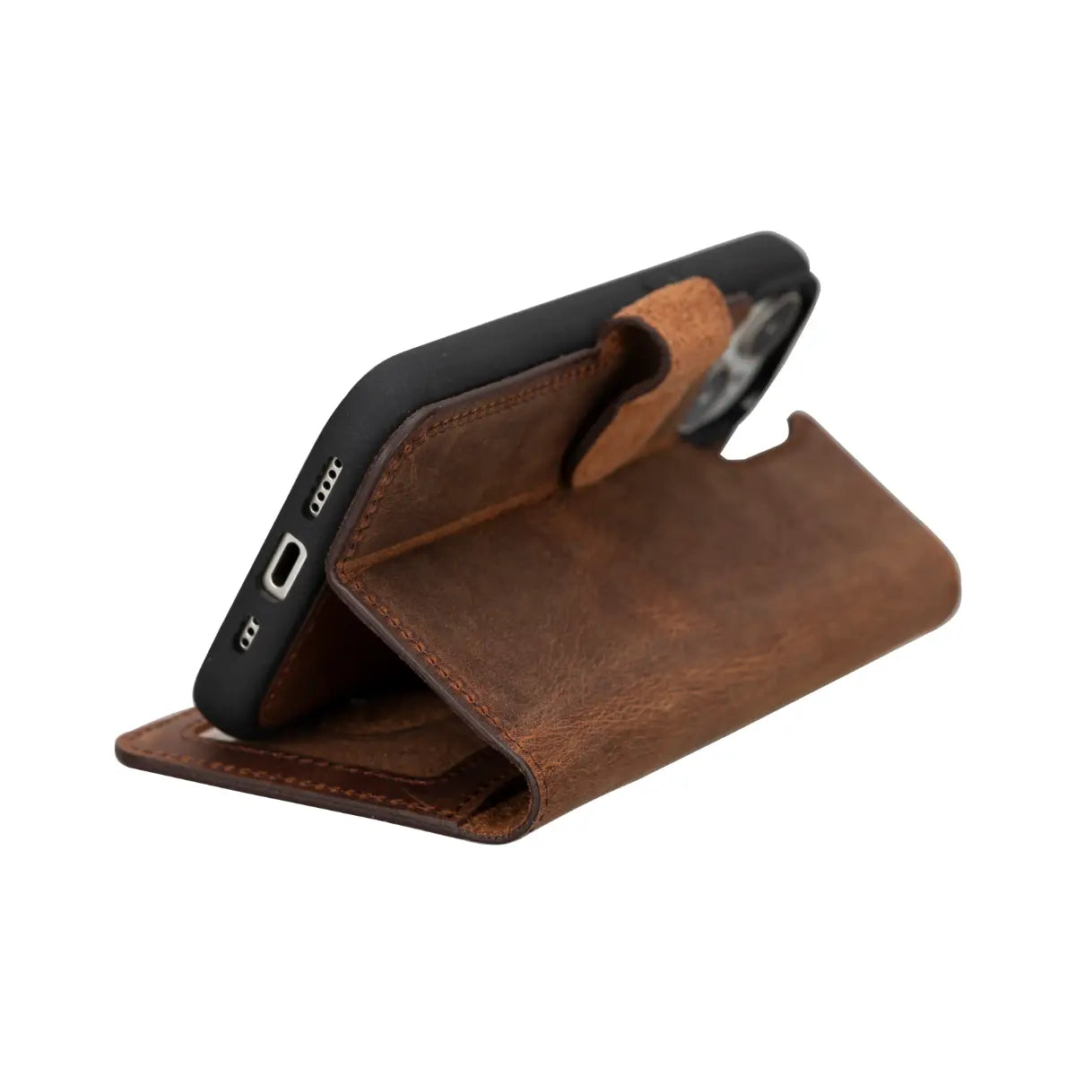 Distressed Brown Leather Wallet Case for iPhone 15