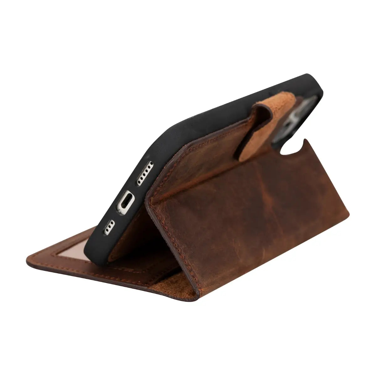 Distressed Brown Leather Wallet Case for iPhone 15 Plus