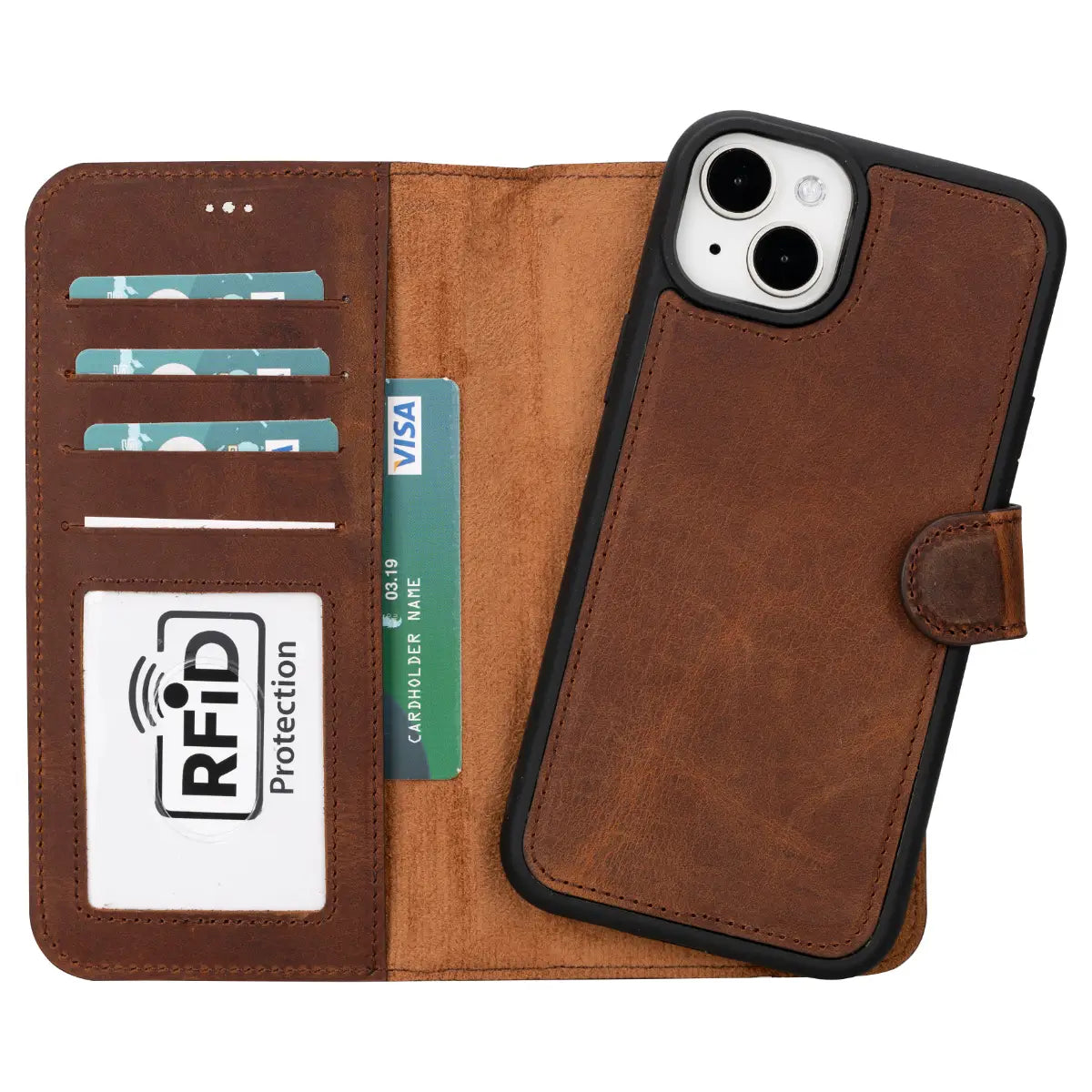 Distressed Brown Leather Wallet Case for iPhone 15 Plus