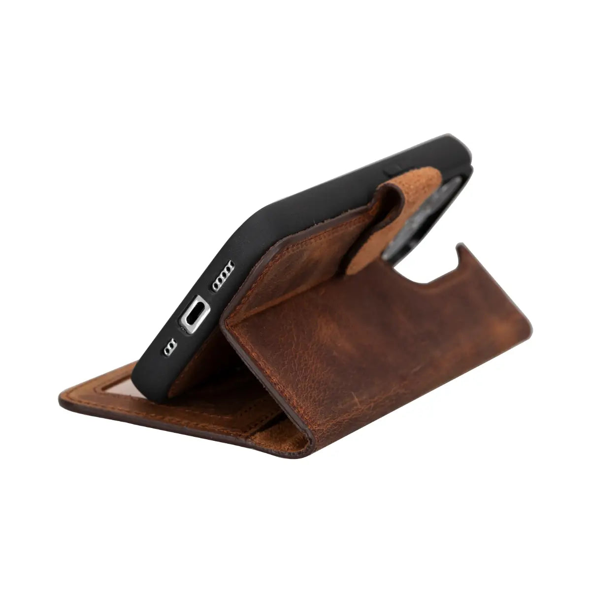 Distressed Brown Leather Wallet Case for iPhone 15 Pro