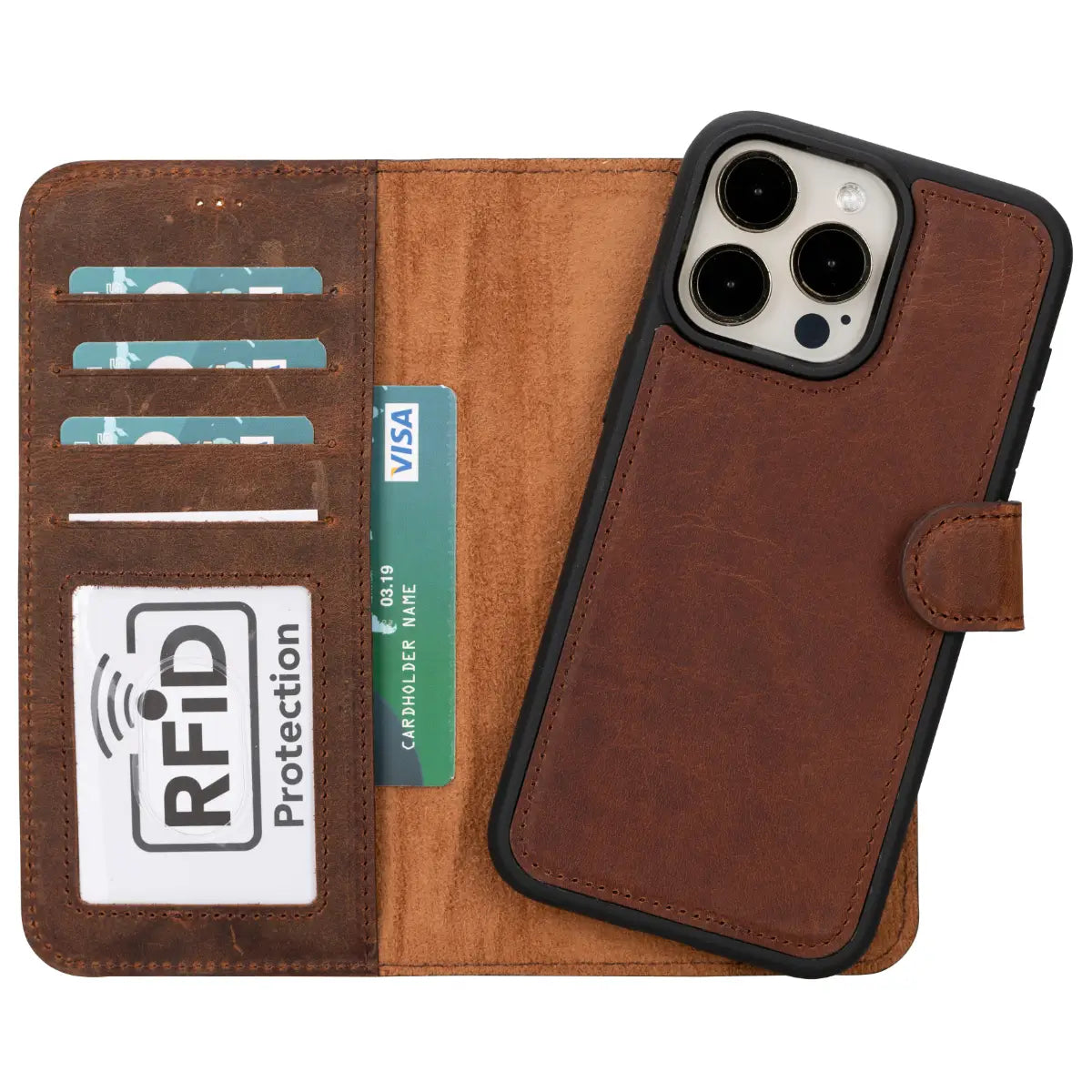 Distressed Brown Leather Wallet Case for iPhone 15 Pro Max