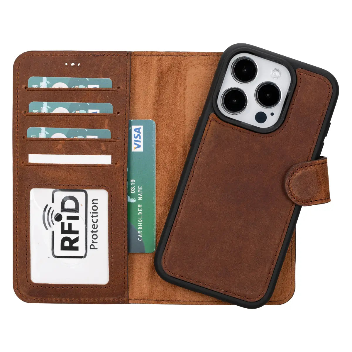 Distressed Brown Leather Wallet Case for iPhone 15 Pro