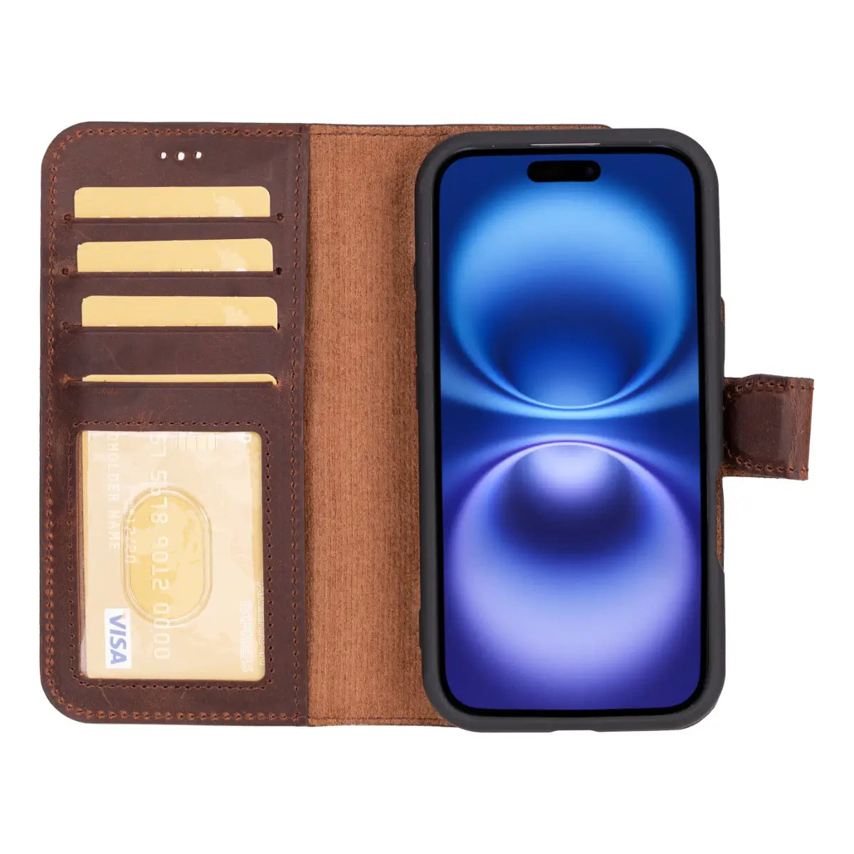 Distressed Brown Leather Wallet Case for iPhone 16