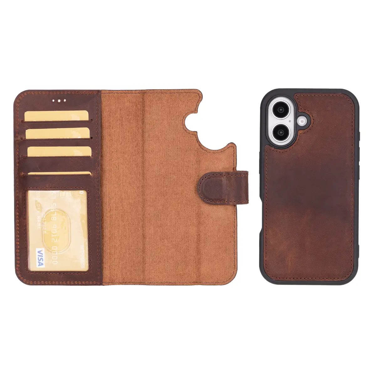 Distressed Brown Leather Wallet Case for iPhone 16