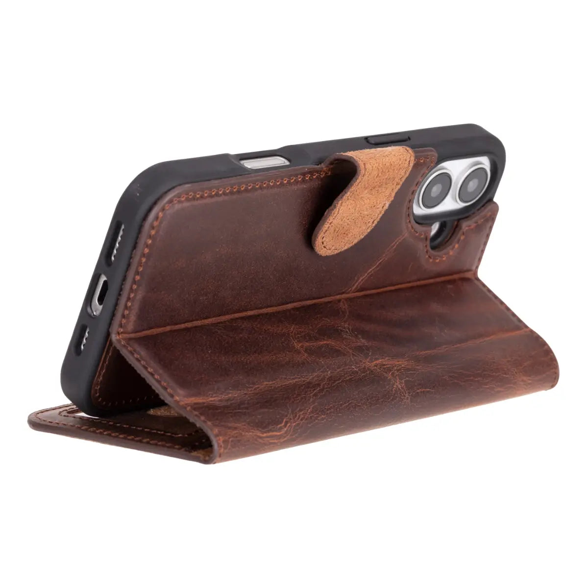 Distressed Brown Leather Wallet Case for iPhone 16