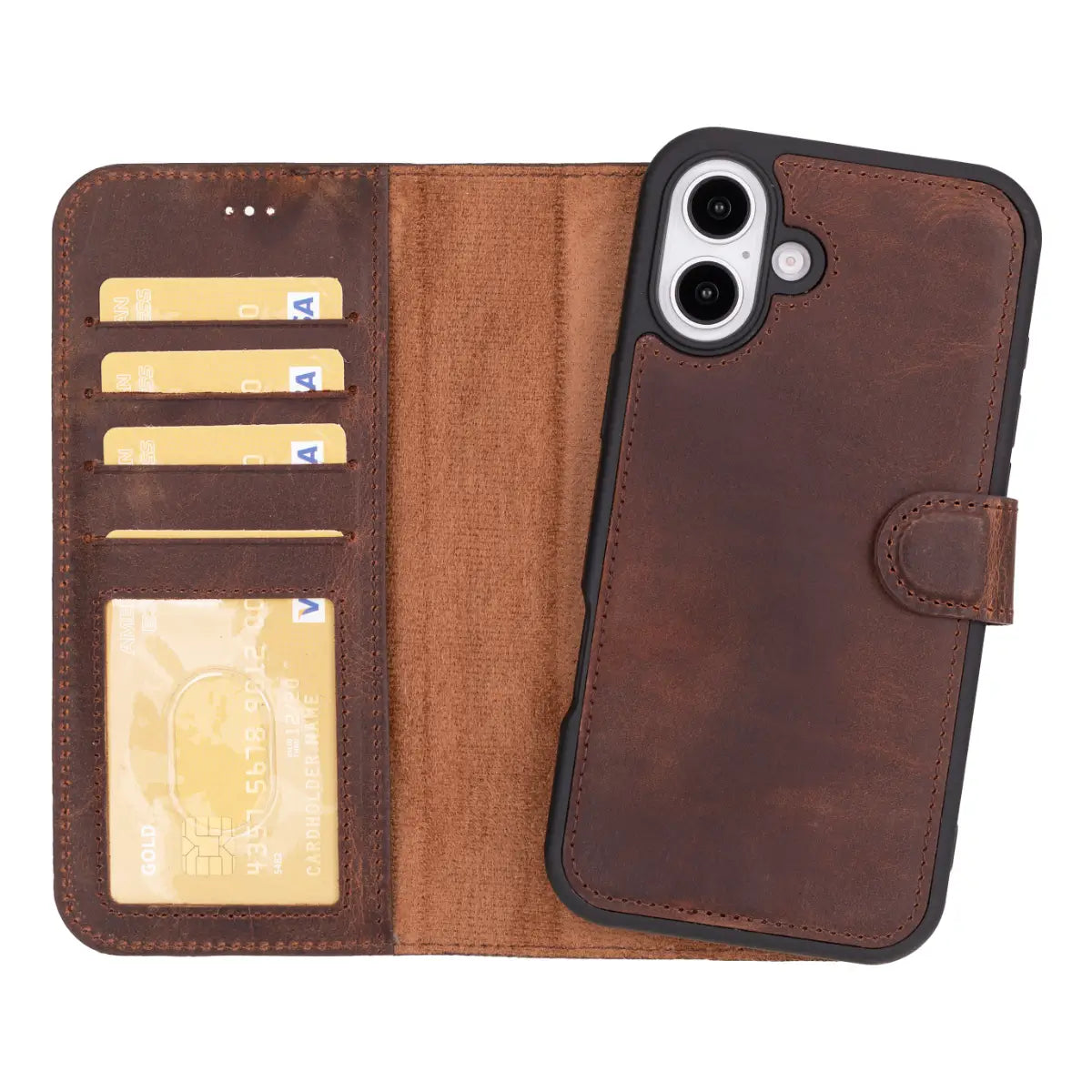 Distressed Brown Leather Wallet Case for iPhone 16 Plus