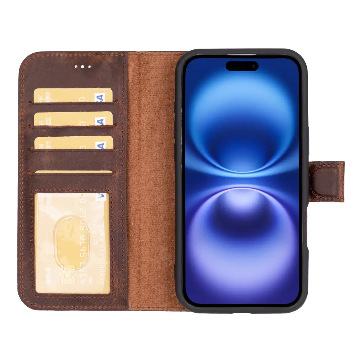 Distressed Brown Leather Wallet Case for iPhone 16 Plus