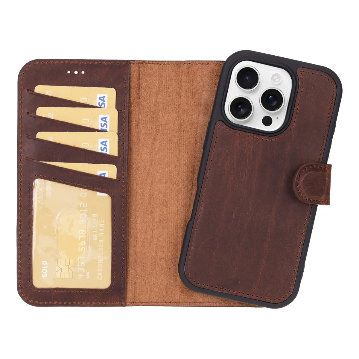Distressed Brown Leather Wallet Case for iPhone 16 Pro