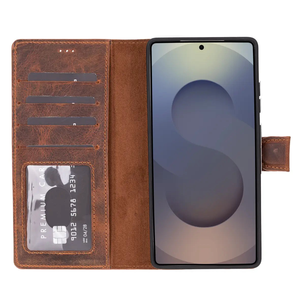 Distressed Brown Magnetic Leather Wallet Case for Galaxy S25 Ultra
