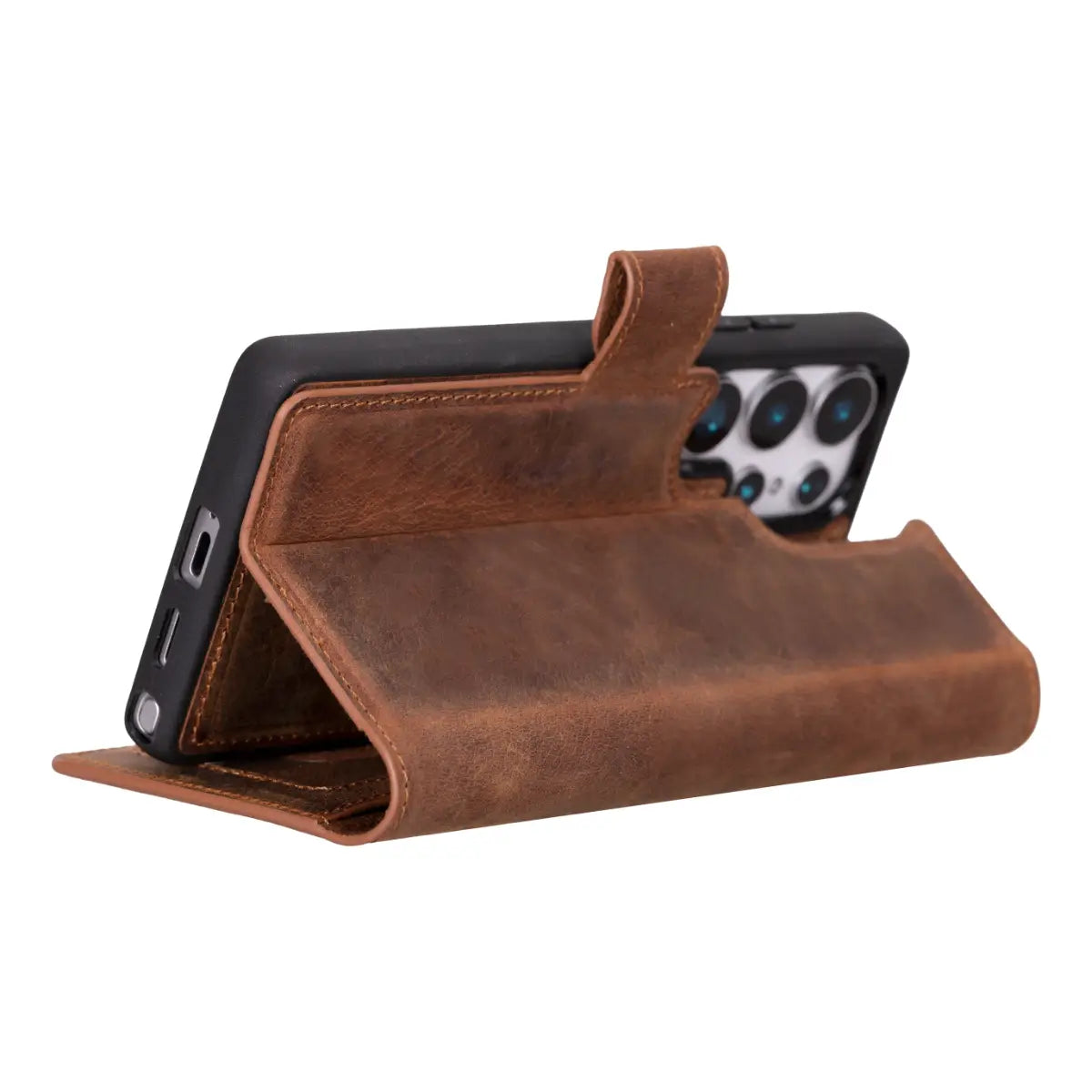 Distressed Brown Magnetic Leather Wallet Case for Galaxy S25 Ultra