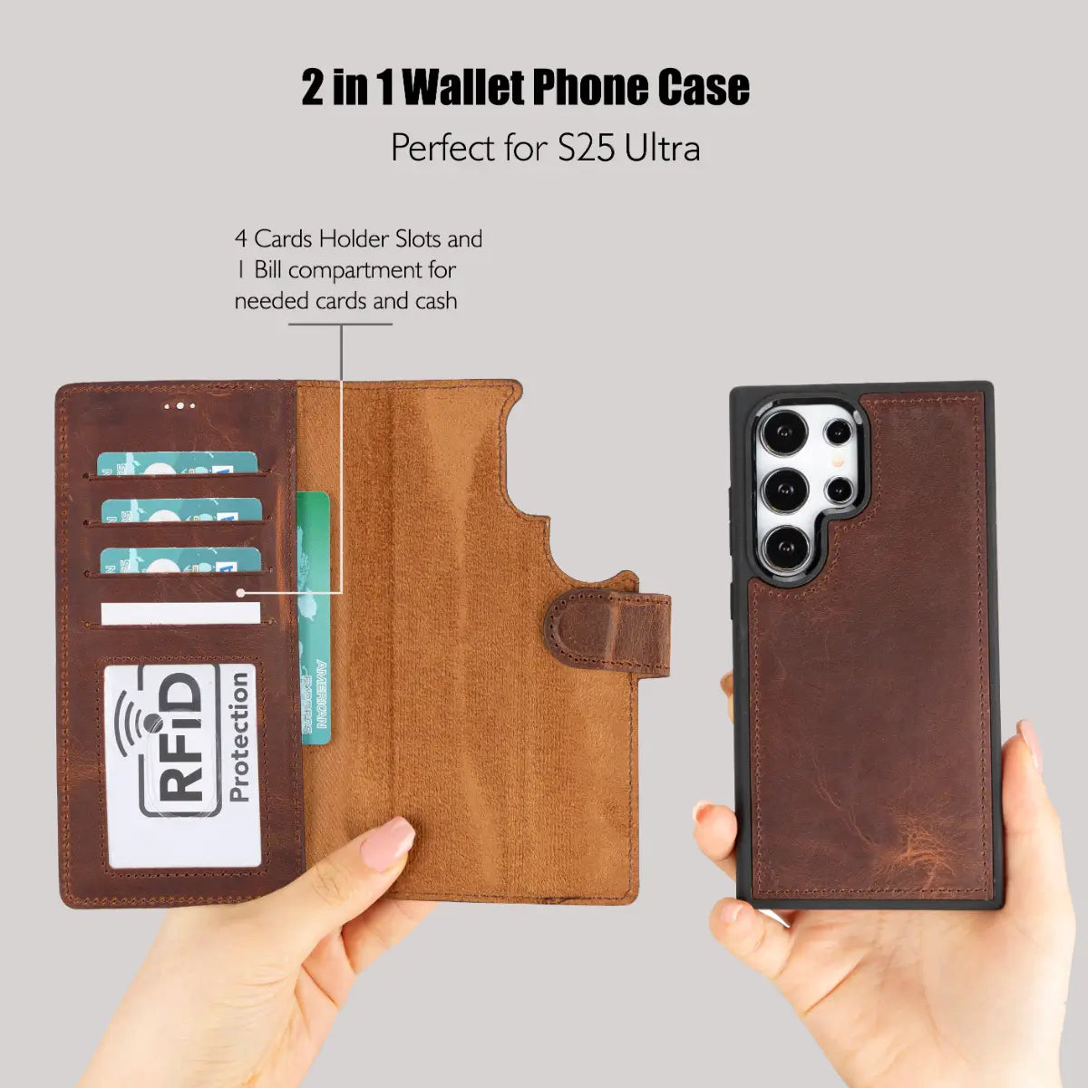 Distressed Brown Magnetic Leather Wallet Case for Galaxy S25 Ultra