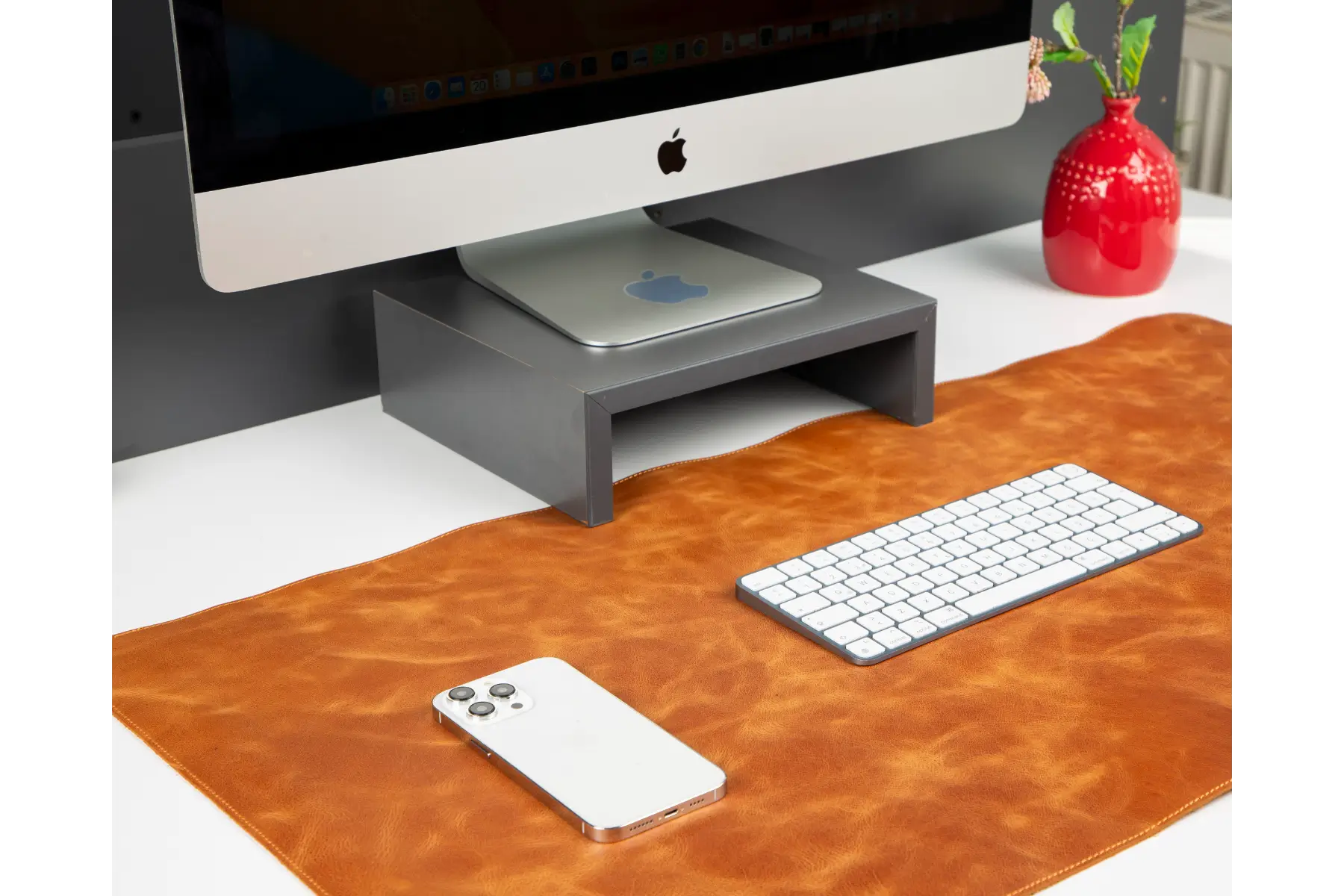 Camel Brown leather desk mat large under iMac with keyboard and mouse