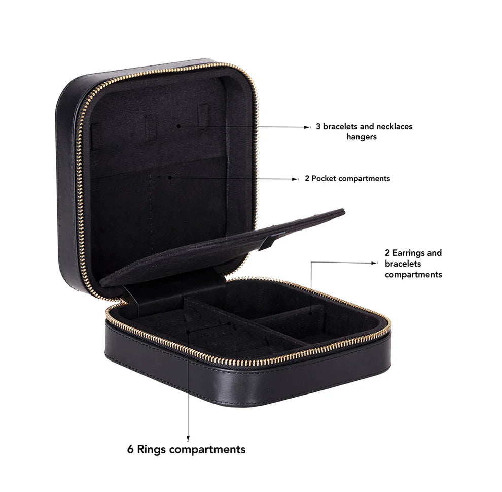Black leather jewelry box with compartments
