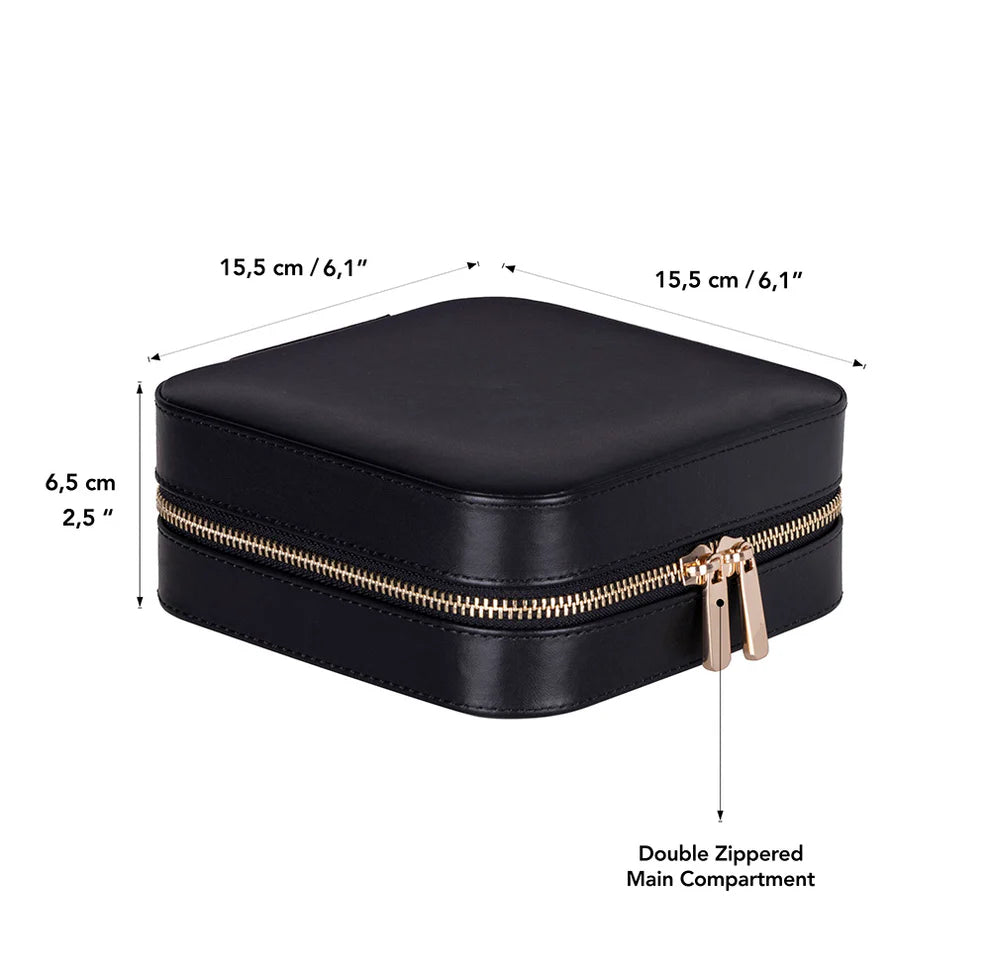 Black leather jewelry box with gold zipper and dimensions
