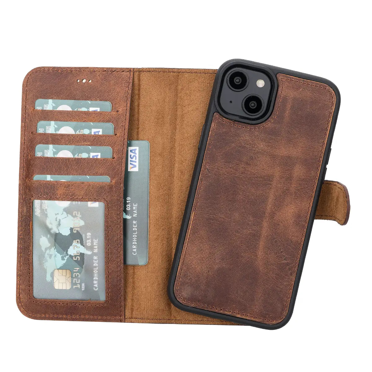 Distressed Brown Leather Wallet Case for iPhone 14 Plus