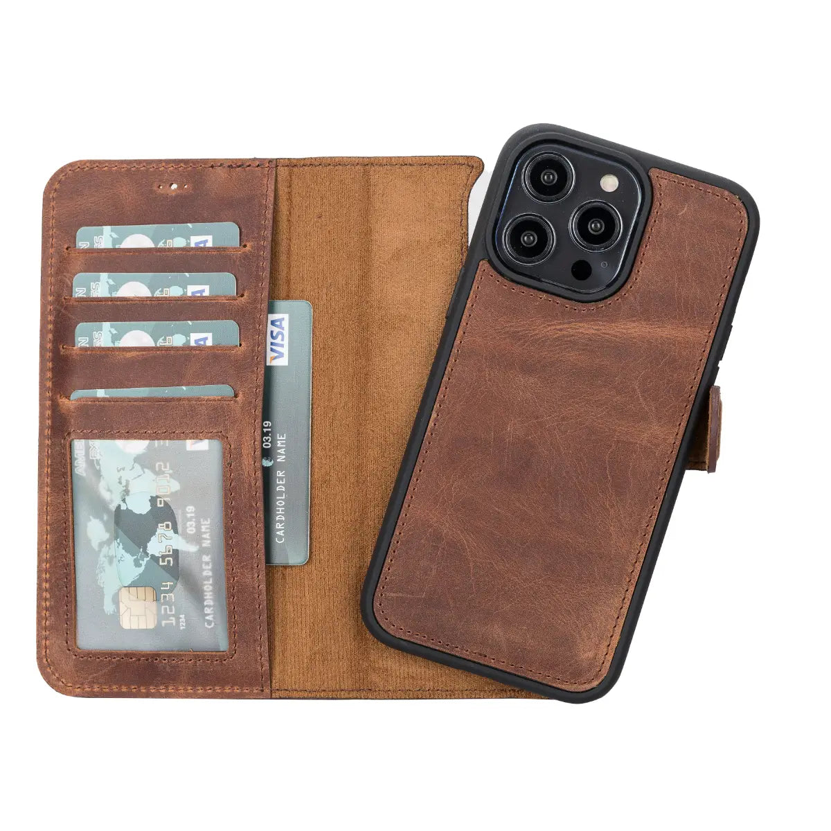 Distressed Brown Leather Wallet Case for iPhone 14 Pro Max