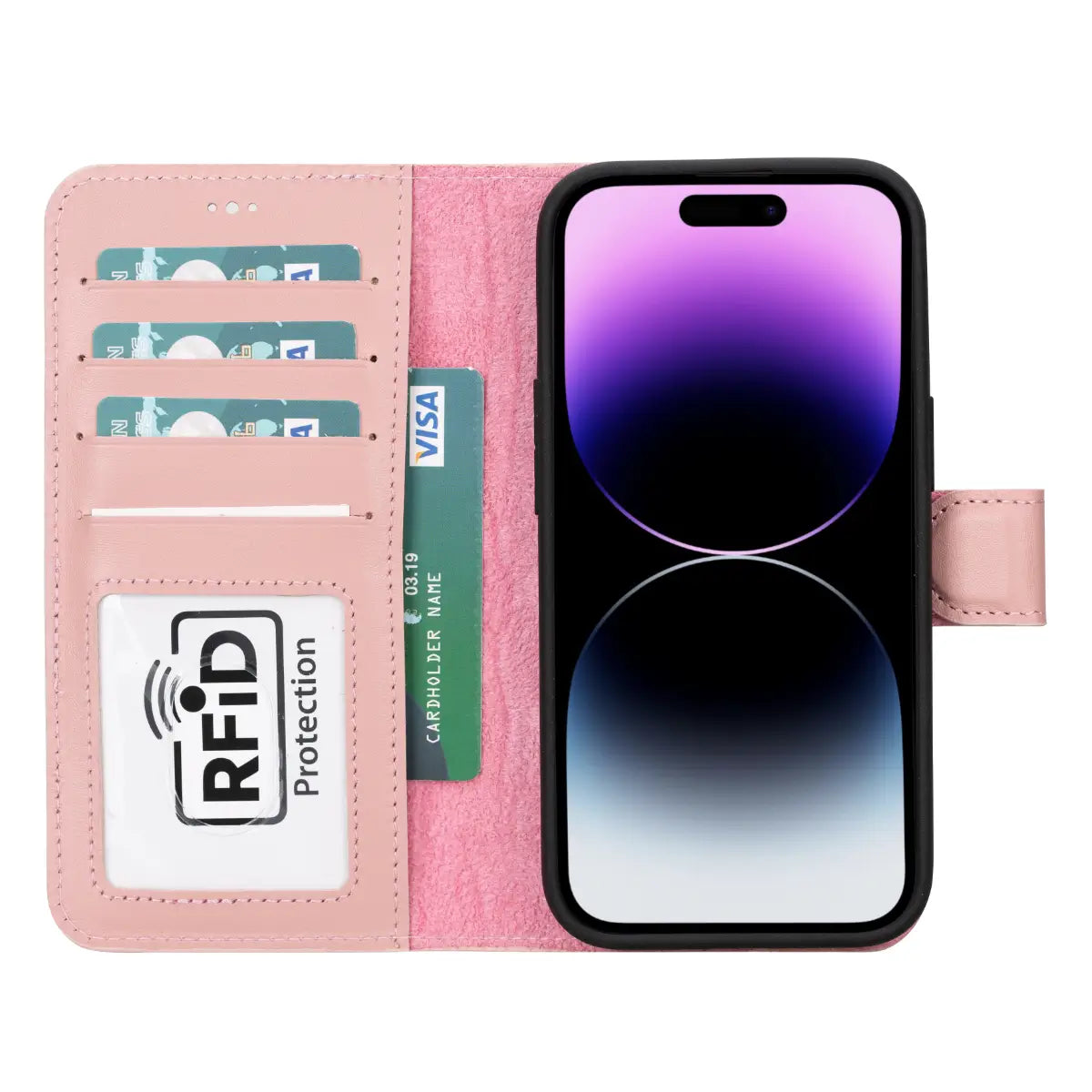 Pink Leather Wallet Case for iPhone 15