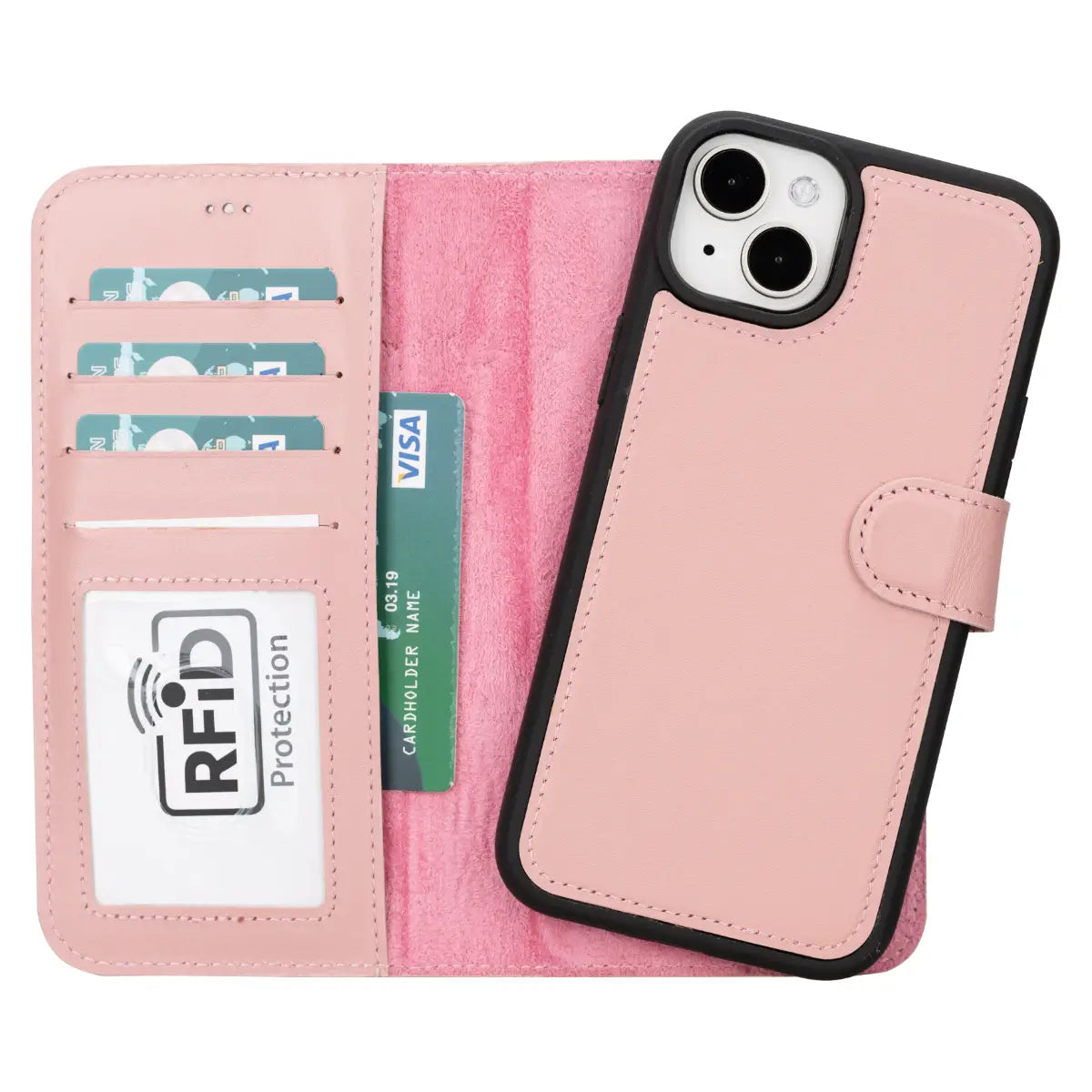 Pink Leather Wallet Case for iPhone 15 Plus