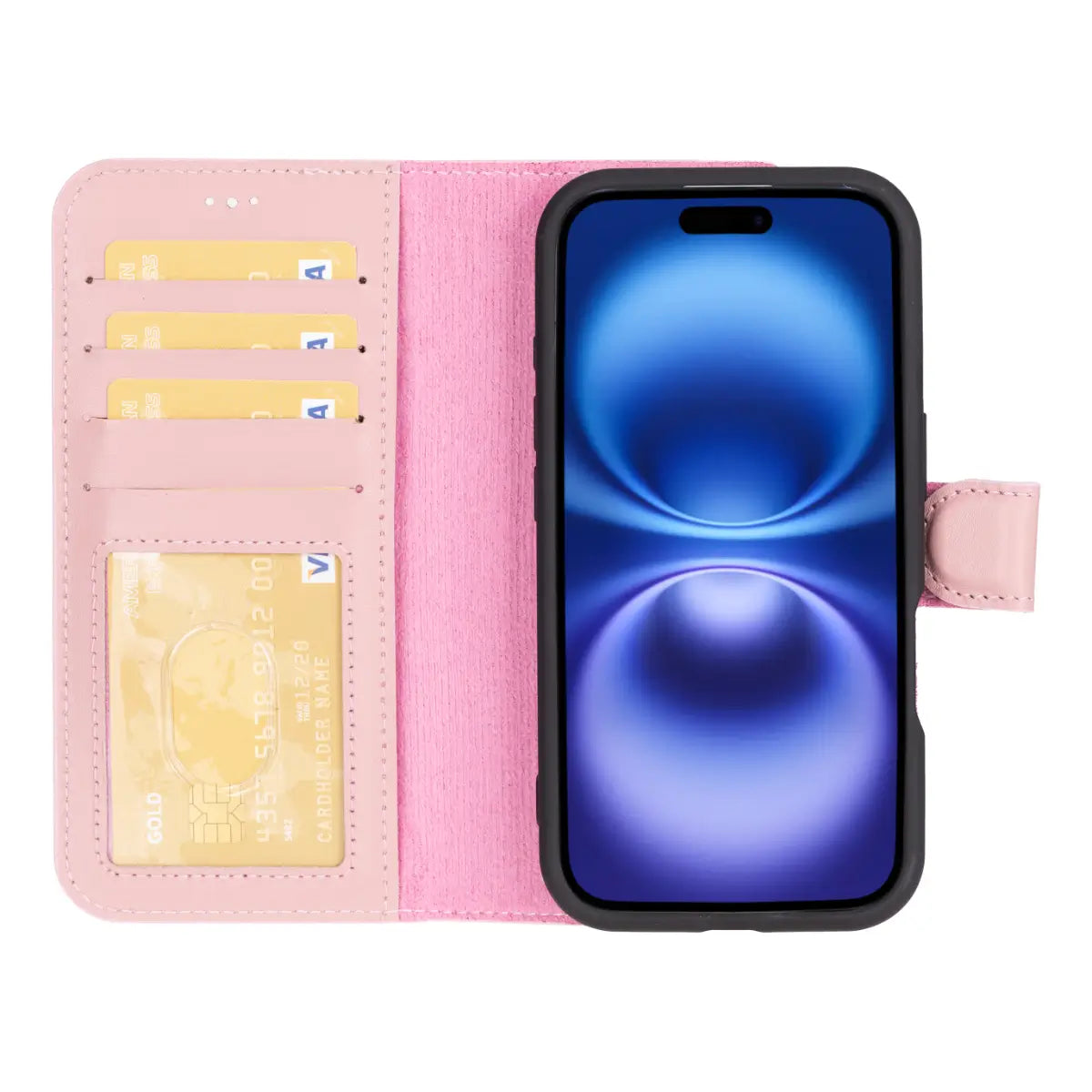 Pink Leather Wallet Case for iPhone 16