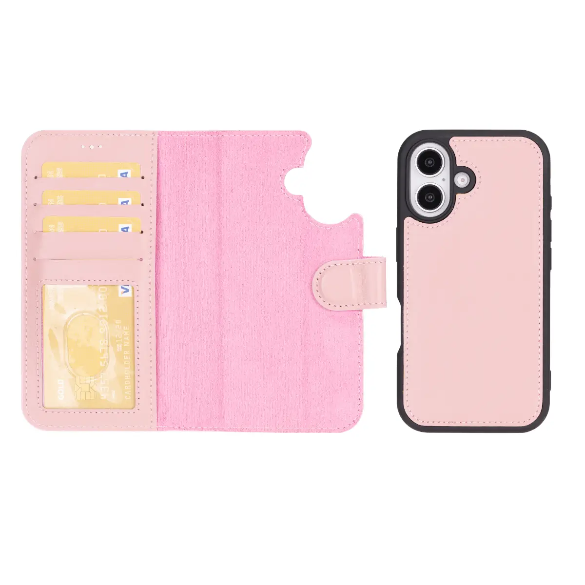 Pink Leather Wallet Case for iPhone 16