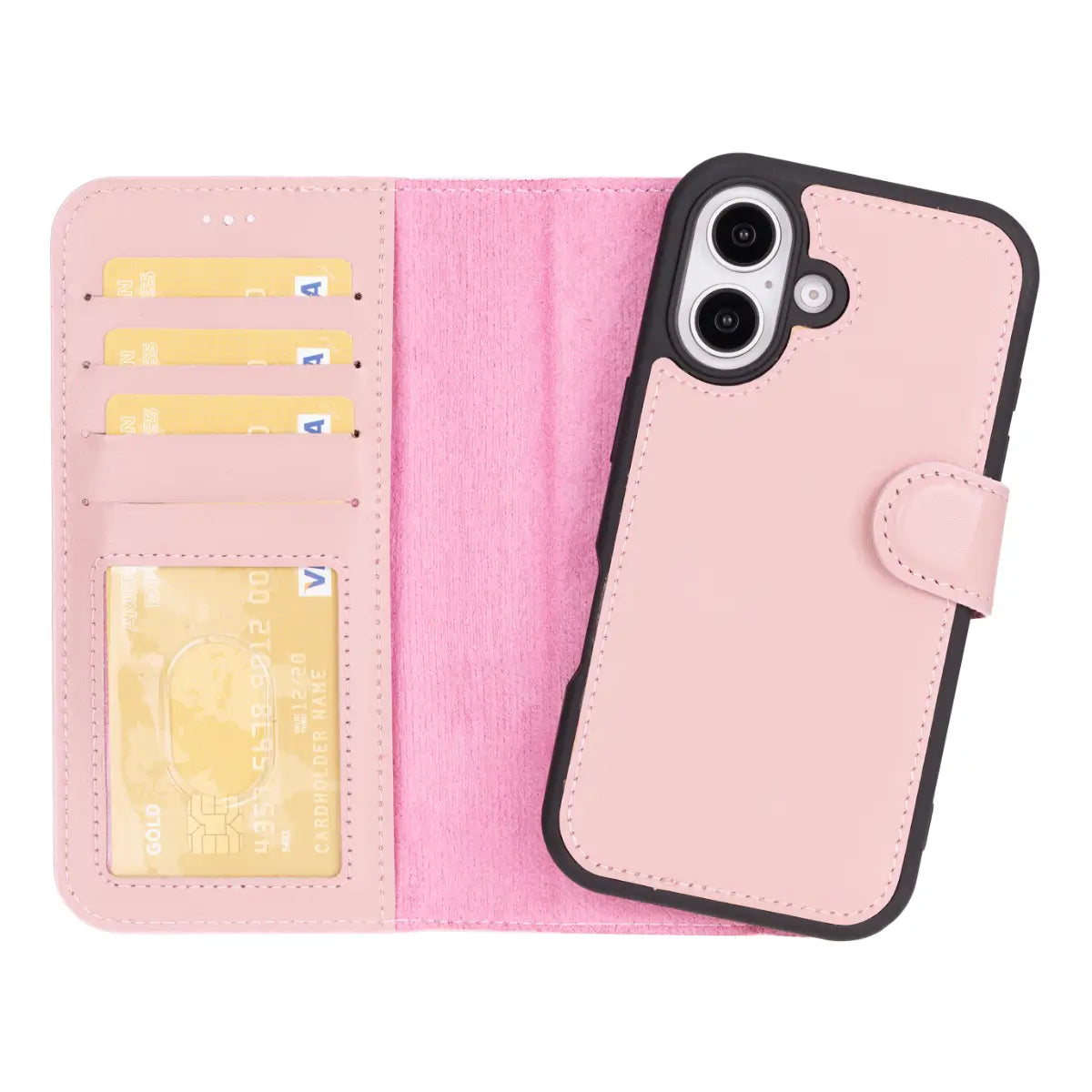 Pink Leather Wallet Case for iPhone 16