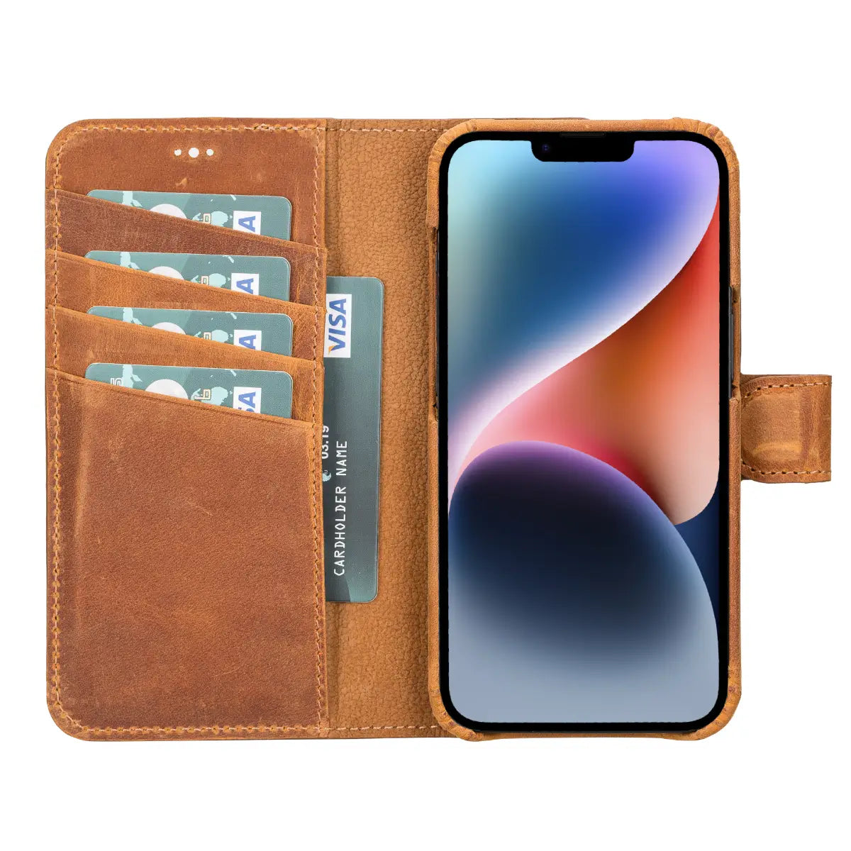 Camel Brown Leather Wallet Case for iPhone 14, Prestige