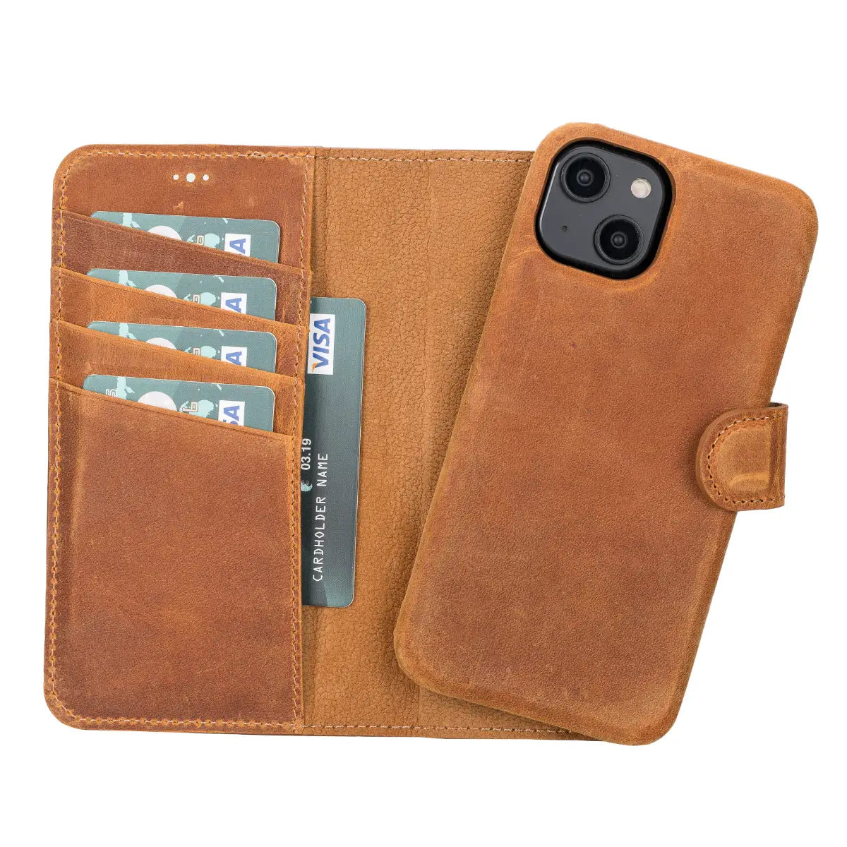 Camel Brown Leather Wallet Case for iPhone 14, Prestige